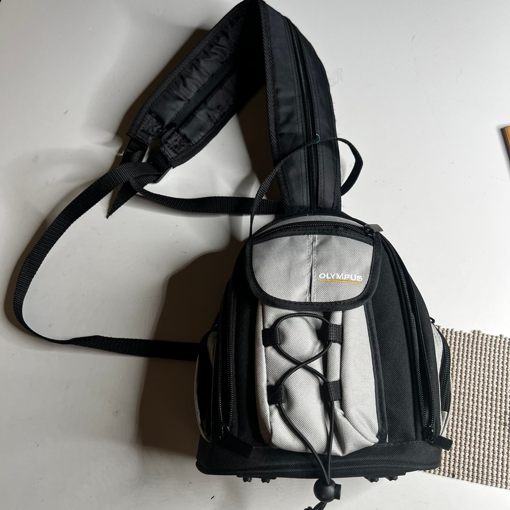 Olympus Camera Sling Bag Black Silver Padded Crossbody Case with Bungee